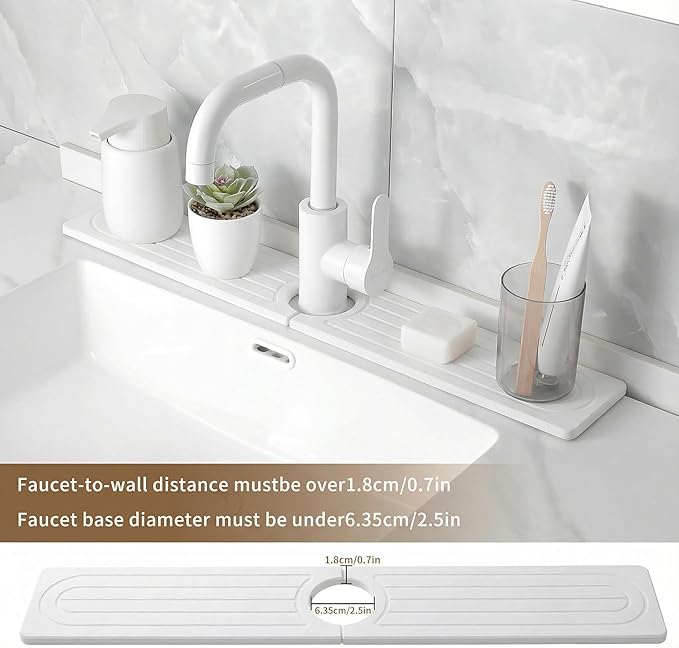 Faucet Mat for Kitchen Sink -Diatomite Stone Drying Mat for Kitchen Counter & Bathroom Sink,Quick-Dry Kitchen Sink Mat-Sink Protector & Splash Guard,Super Absorbent (White, 15.8"x4")