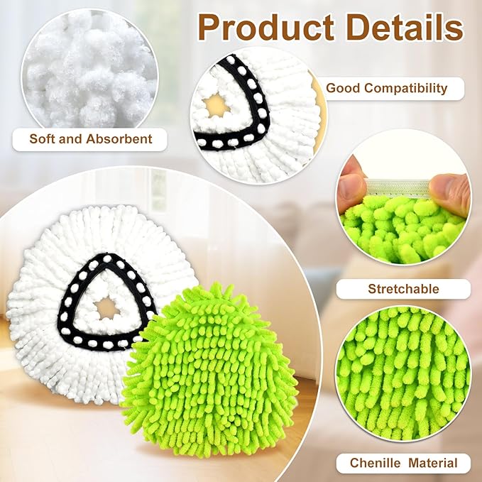 6 Pack Mop Heads Replacement for Ocedar EasyWring 1 Tank Spin Mop System,Include 2 Microfiber Spin Mops Replace Head&2 Chennile Mops Head Machine Washable with Scrubber Mopp Head and Base for Cleaning
