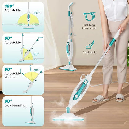 10-in-1 Steam Mop, 1550W Detachable Handheld Steam Cleaner with 350ML Tank for Floor Cleaning, 16FT Power Cable, 2 Washable Pads, Multi-Purpose Steamer for Hardwood, Carpet, Tile, Windows,Cyan