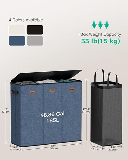 3 Bin Laundry Hamper 185L, Large Laundry Hamper with Lid, Dirty Clothes Hamper with 3 Detachable Washing Bags, Foldable Laundry Basket Organizer for Bedroom, Laundry Room