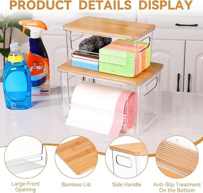 Trash Bag Holder Dispenser 2 Pack, Garbage Bag Dispenser with Bamboo Lid & Handles, Stackable Clear Trash Bag Organizer Under Sink for Kitchen, Pantry, Laundry Room, Cabinet (XL+S)
