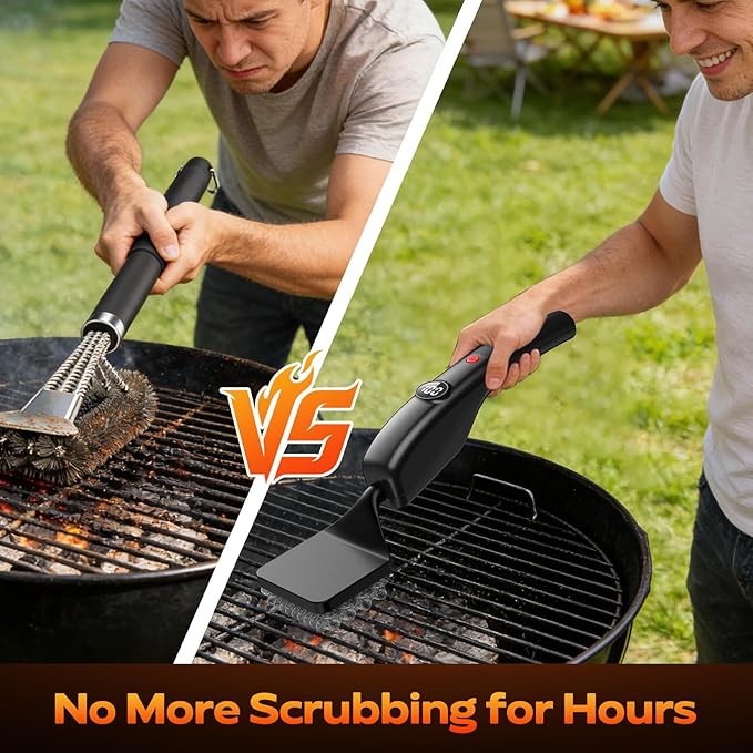 Reciprocating Electric Grill Brush, Bristle-Free Grill Brush for Outdoor Grill, BBQ Grill Brush, Grill Cleaner with 3 Replaceable Brush Heads, No Splash, Effort-Saving, Deep Cleaning, Black