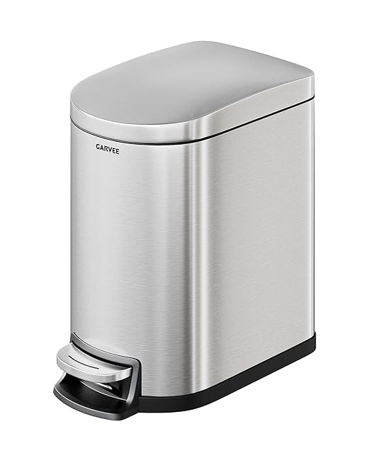 Garvee 1.6 gal / 6 L Stainless Steel Bathroom Trash Can with Lid, Slim Waterproof Garbage Can for Bedroom, Small Step-on Metal Trash Bin with Inner Bucket, Rear Handle, Soft Close Lid, Silver