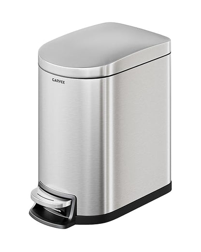 Garvee 1.6 gal / 6 L Stainless Steel Bathroom Trash Can with Lid, Slim Waterproof Garbage Can for Bedroom, Small Step-on Metal Trash Bin with Inner Bucket, Rear Handle, Soft Close Lid, Silver