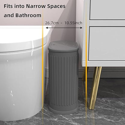 KSSKSS 1.8 Gallons Small Stainless Steel Trash Can with Press Type Lid, Slim Bathroom Garbage Bin, Removable Liner Bucket, Dog Proof Narrow Wastebasket with Pop-Up Lid for Bedroom,Toilet (Gray)