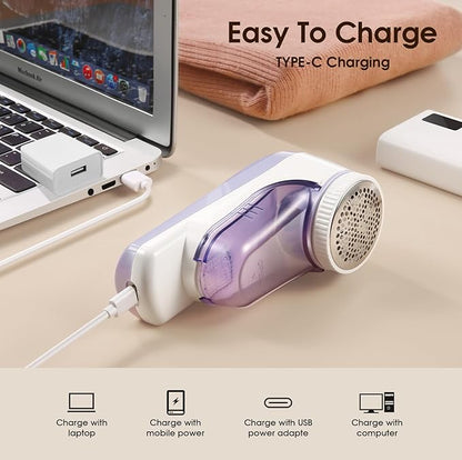 Fabric Shaver Rechargeable, Electric Lint Remover & Pill Remover for Clothes, USB-C Sweater Shaver with 6-Leaf Blade Depiller, Removes Fuzz Pills Bobbles from Cashmere Fleece Couch Furniture