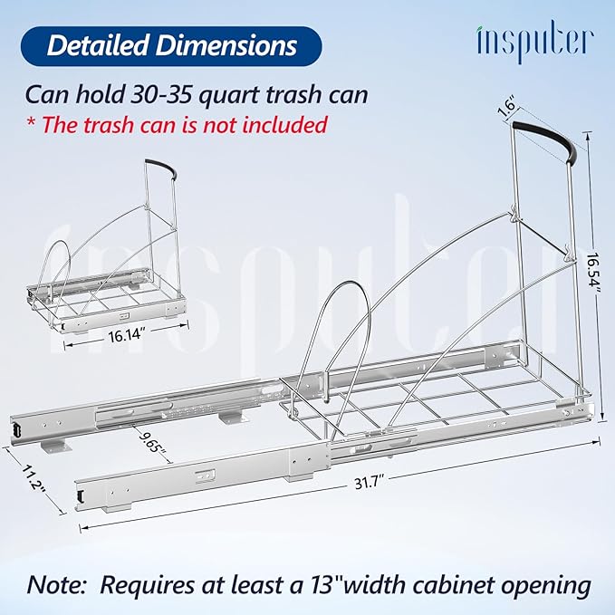Insputer Pull Out Trash Can Under Cabinet, Requires 13" W X 18" D Cabinet, Under Sink Trash Can Kit, Slide Out Garbage for Kitchen(Not Included Can)