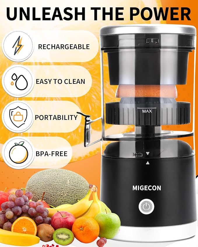 MIGECON Electric Citrus Juicer, Rechargeable Orange Juicer Squeezer with USB and Cleaning Brush, Portable Electric Juicer Machine, for Lemons, Limes, and Grapefruit, Black