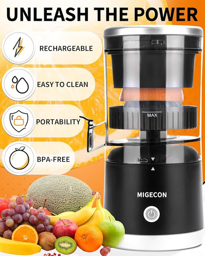 MIGECON Electric Citrus Juicer, Rechargeable Orange Juicer Squeezer with USB and Cleaning Brush, Portable Electric Juicer Machine, for Lemons, Limes, and Grapefruit, Black