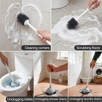 Lefree, 2 in 1 Toilet Brush and Plunger Set with Silicone Bristles, Plastic Material, Includes Holder, White/Black, for Deep Cleaning