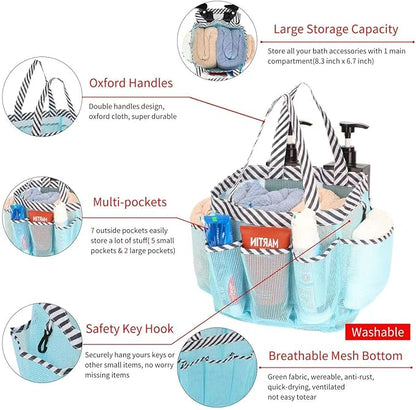 2 Pack Haundry Mesh Shower Caddy Tote Bag Hanging Portable Toiletry Bag College Dorm Essentials Quick Dry Bath Organizer for College Dorms, Gym, Camp for Bathroom Accessories(Black+Sky Blue)