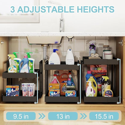 Golener 2-Tier Expandable Pull Out Cabinet Organizer - 21" Deep Pull-Out Drawers for Kitchen Cabinets, 2 Slide Home Storage Organizers, Slide Out Shelves for Base Cabinet Organization in Kitchen,Black