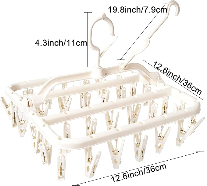Foshine Foldable Clothes Drying Rack with 32 Drying Clips Wind-Proof Hook Underwear Hanger Plastic Laundry Clip for Socks Bras (White)