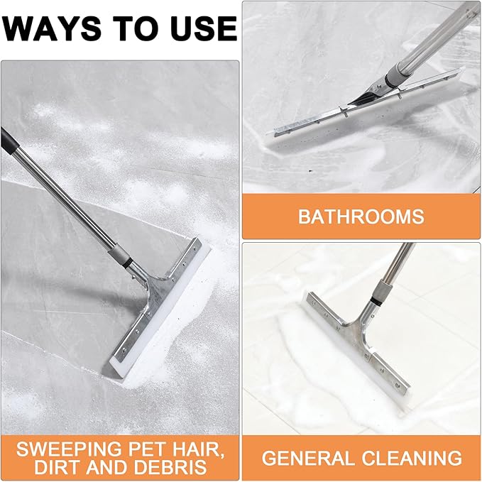 Floor Squeegee for Concrete Floor, 16" Large Heavy Duty Squeegee for Floor, Rubber Broom with 61" Long Handle - Ideal for Bathroom Tile, Garage Concrete, Deck, Shower Glass, Window Cleaning
