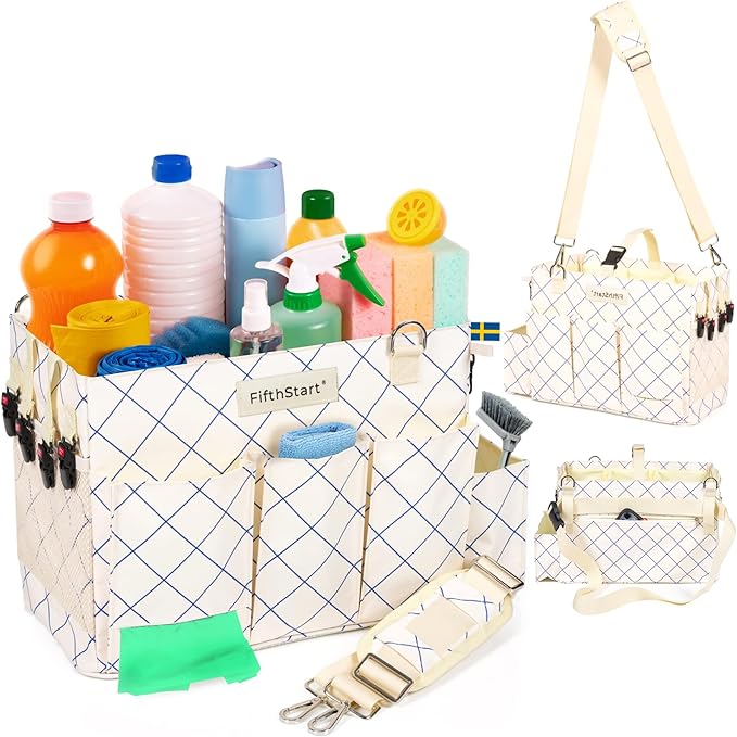 Cleaning Caddy for Cleaning Supplies - Large Cleaning Bag Organizer Tote with Shoulder Strap, Mesh Base & Adjustable Dividers - Heavy Duty Cleaning Bags for Housekeepers (Blue Check, Large)