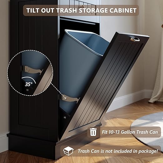 LOUVIXA Tilt Out Trash Can Cabinet, Hidden Trash Cabinet with Drawer, Wooden Dog Proof Trash Can Holder, Tilt Out Laundry Hamper, Garbage Can Holder (Black)