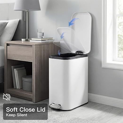 GlowSol Bathroom Trash Can with Lid, 3.2 Gallon 12 L Stainless Steel Step Trash Can with Removable Liner Bucket, Slim Small Wastebasket for Toilet Bedroom Office, White