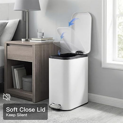 GlowSol Bathroom Trash Can with Lid, 3.2 Gallon 12 L Stainless Steel Step Trash Can with Removable Liner Bucket, Slim Small Wastebasket for Toilet Bedroom Office, White