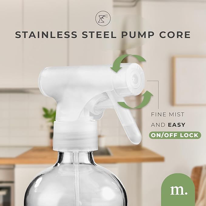 MaisoNovo Glass Spray Bottles 16 Oz Pack of 2 - Clear Spray Bottles for Cleaning Solutions with Fortified Glass & Fine Mist - Ideal for Cleaning, Disinfecting, Home, Office & Commercial Use - 16 Label
