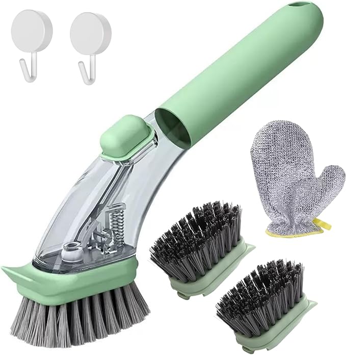 Soap Dispensing Dish Brush with Handle - Kitchen Scrub Brush for Pots Pans, Effortless Cleaning with Soap Chamber, Nylon Bristles (Light Green)