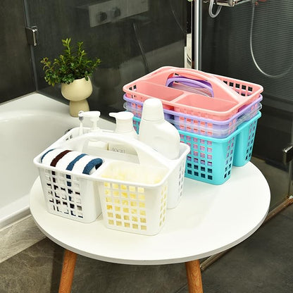ALINK Plastic Shower Caddy Basket with Compartments, Portable Divided Cleaning Supply Storage Organizer with Handle for College Dorm Bathroom -Blue