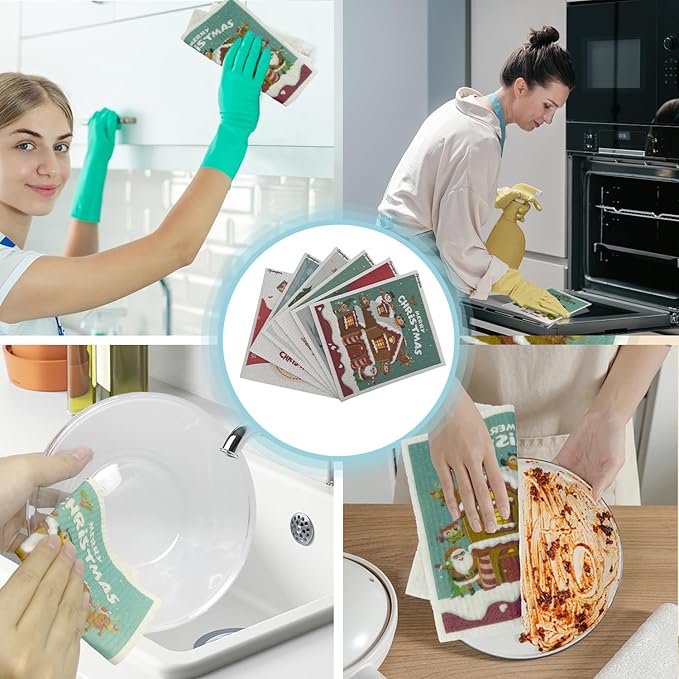 6 - Pack Swedish Kitchen Dish Cloths - Reusable Paper Towels for Counters & Dishes - Eco Friendly Cellulose Sponge Cloth (Xmas)