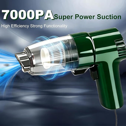 Car Mounted Vacuum Cleaner - 7000PA High-Power Suction, Dry & Wet Dual-Purpose, Portable Mini Handheld Vacuum with LED Light & Attachments, Ideal for Car Interior, Pet Hair, Dust & Debris (Green)