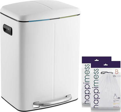 happimess HPM1005C Marco Rectangular 10.6-Gallon Double Bucket Trash Can with Soft-Close Lid, White, Fingerprint Resistant, Modern, Minimalistic for Home, Kitchen, Office, Bedroom, Bathroom