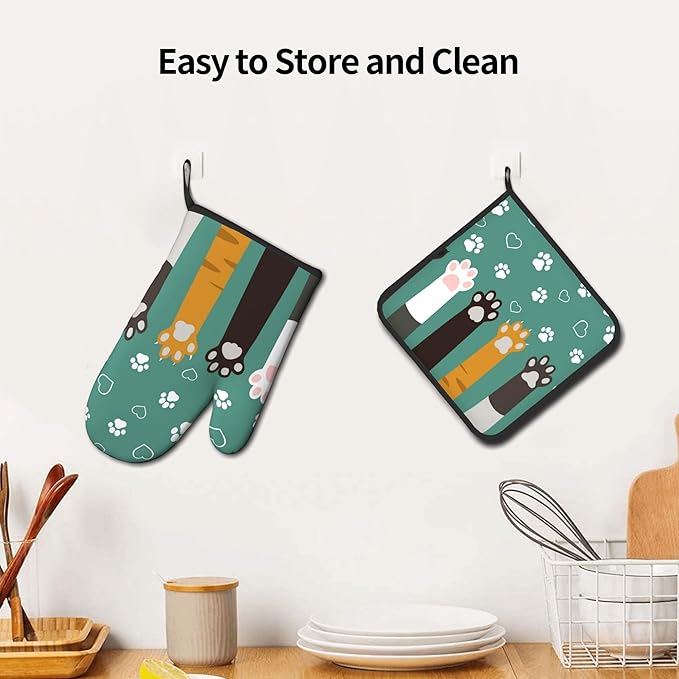 Cat Oven Mitt Potholders Sets - Paw Kitchen Mitts and Pot Holders Set of 2 Kitten Pet Oven Gloves Hot Pads for Cooking BBQ Baking Grilling