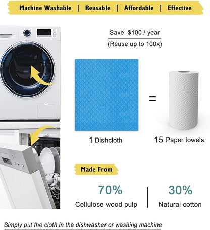 MoLKENE Swedish Dishcloths for Kitchen | 6 Pack Absorbent Cellulose Sponge Cloths Washable | Non-Scratch Reusable Paper Towels Quick Drying Cleaning Cloths - Blue