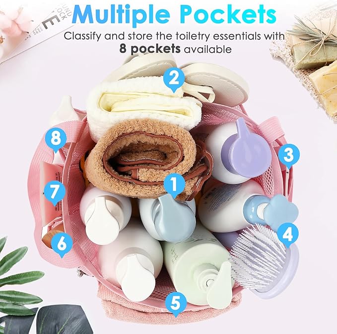 Fammart Mesh Shower Caddy Portable for College Dorm Room Essentials, 8-Pocket Large Shower Basket Tote Bag with 2 Handles for Toiletry, Bathroom, Beach, Camp, Gym