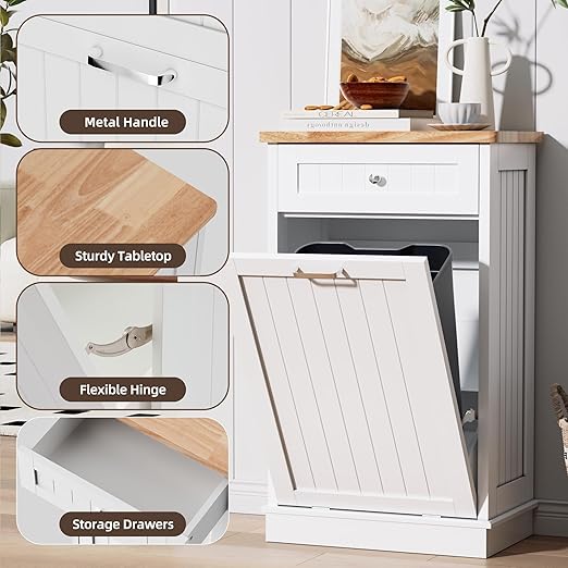 AHB 13 Gallons Tilt Out Trash Cabinet, Hidden Trash Can Cabinet Kitchen Wooden Tilt Out Pet Proof Hidden Trash Bin for Kitchen Living Room, White