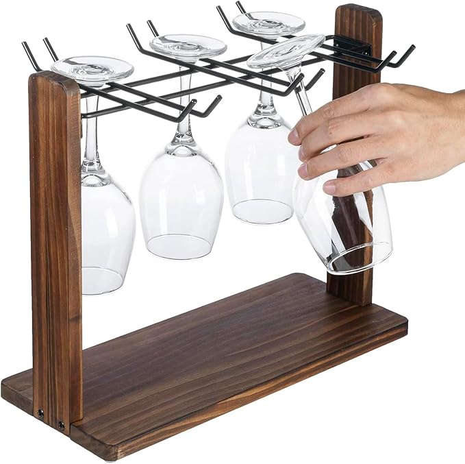 MyGift Tabletop Wine Glass Drying Rack, Champagne Flute Holder, Countertop Stemware Stand for Goblets, Modern Burnt Brown Solid Wood and Matte Black Metal Wire