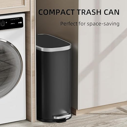 KUK Slim Bathroom Trash Can with Lid Soft Close, Step Pedal, 2.6 Gal/ 10L Stainless Steel Garbage Can with Removable Inner Bucket, Anti-Fingerprint Wastebasket for Office, Bedroom, Toilet (Black)