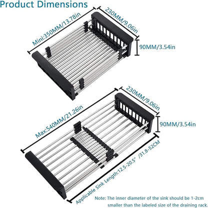 Sink Dish Drying Rack, Stainless Steel Drainer for 12.5"-20.5" Sinks, Kitchen Countertop Organizer for Dishes, Vegetables, and Fruits (Black & Large Size)