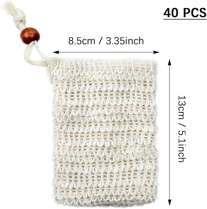 40 Soap Bags Mesh Exfoliating, 100% Natural Sisal Soap Pouch, Soap Savers for Shower Use Like Massaging and Scrubbing