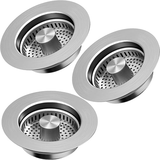 Kitchen Sink Drain Strainer 3 Pack, 304 Stainless Steel Pop Up Sink Stopper, Anti-Clogging Sink Drain Strainer for US Standard Kitchen Drain (SUS304 Brushed)