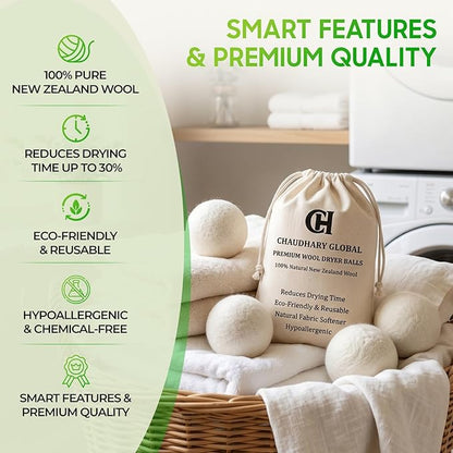 Wool Dryer Balls XL 6-Pack - 100% Organic New Zealand Wool, Reusable Natural Fabric Softener for Laundry, Reduce Drying Time & Static, Eco-Friendly Dryer Balls for Pet Hair Removal