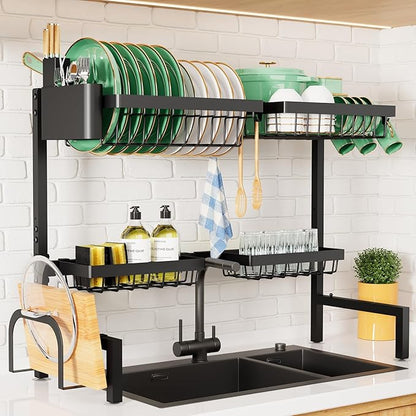 Kitsure Over The Sink Dish Drying Rack - 26.8" to 33.9"x21.5", Adjustable Sink Drying Rack for Kitchen Sink with Large Capacity, 2-Tier Dish Rack Over Sink with Multifunctional Baskets, Black