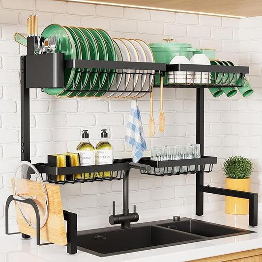 Kitsure Over The Sink Dish Drying Rack - 26.8" to 33.9"x21.5", Adjustable Sink Drying Rack for Kitchen Sink with Large Capacity, 2-Tier Dish Rack Over Sink with Multifunctional Baskets, Black