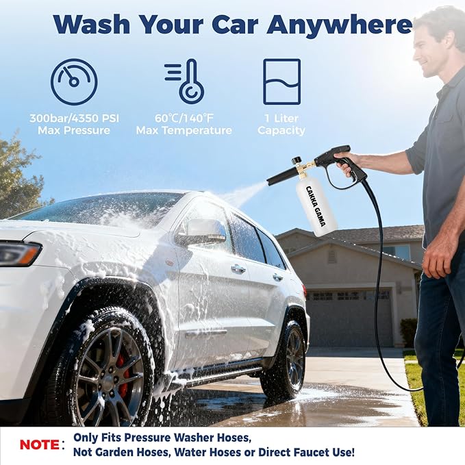 Pressure Washer Gun with Foam Cannon, Car Wash Foam Gun Kit 1/4 Inch Quick Connector, Adjustable Soap Cannon with 5 Pressure Washer Nozzle Tips, Adapter, 1 Liter, A Fluorescent Green Glove