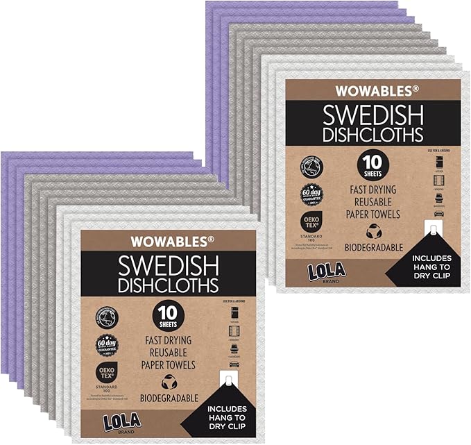 LOLA Swedish Dishcloths for Kitchen 20 Sheets, Biodegradable & Compostable Reusable Paper Towel Cleaning Cloths No Odor Washing Dishes Ultra Absorbent Cellulose Sponge Towel Made in Germany