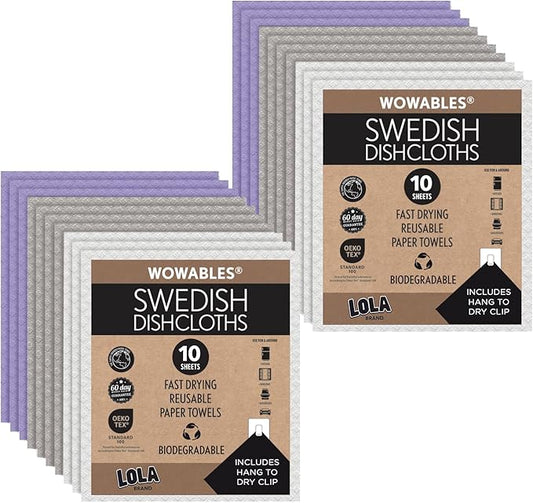 LOLA Swedish Dishcloths for Kitchen 20 Sheets, Biodegradable & Compostable Reusable Paper Towel Cleaning Cloths No Odor Washing Dishes Ultra Absorbent Cellulose Sponge Towel Made in Germany