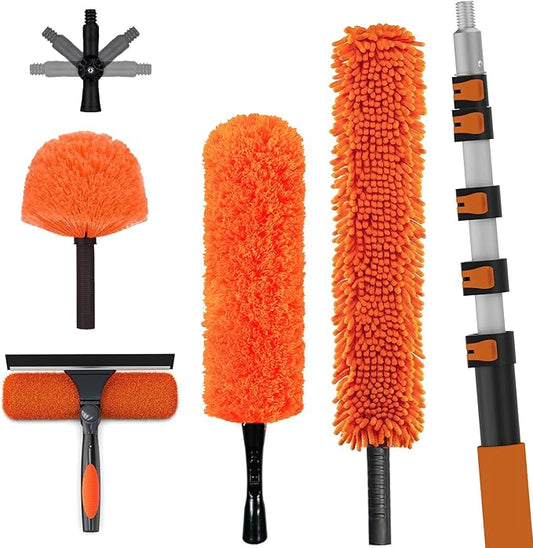 LAANPOLE 30FT High Reach Duster Cleaning Kit with Extension Pole, High Ceiling Fan Cleaner Duster Tool for Fan Blades, Window Washing Kit with Microfiber Feather Duster & Window Squeegee