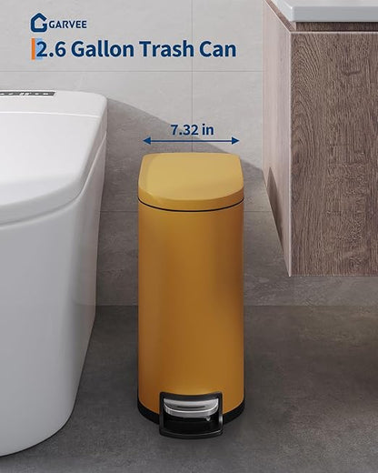 GarveeHome 2.6 Gallon Bathroom Trash Can, Space-Saving Slim Stainless Steel Step-On Garbage Bin with Soft Close Lid, Removable Inner Bucket for Bathroom & Bedroom,Yellow