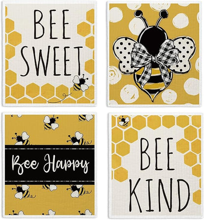 Bee Summer Yellow Swedish Dishcloths for Kitchen, Swedish Dish Cloths for Bee Happy, Papaya Reusable Paper Towels, 4 Pack Dish Towels for Kitchen, Papaya Reusable Paper Towels Washable
