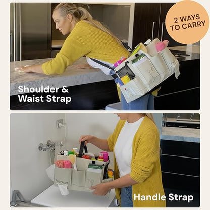 Multiuse Cleaning Caddy with Waist, Shoulder Strap 9 Pockets, Mesh Base & Adjustable Compartments - Cleaning Caddy - Cleaning Supplies Organizer (Blue, Small)