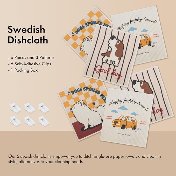 Swedish Dishcloths for Kitchen, 6 Pack Cute Dog Swedish Dish Towels with Clips, Reusable Paper Towels Washable Non-Scratch Super Absorbent Cellulose Sponge Cloths, Biodegradable No Odor