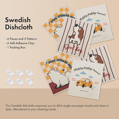 Swedish Dishcloths for Kitchen, 6 Pack Cute Dog Swedish Dish Towels with Clips, Reusable Paper Towels Washable Non-Scratch Super Absorbent Cellulose Sponge Cloths, Biodegradable No Odor