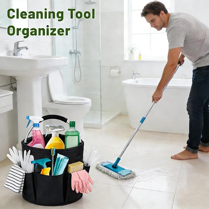 17L Foldable Cleaning Caddy with Handle - Portable Oxford Fabric Storage Bucket, Organiser for Cleaning Supplies, Toiletries, Home, Garden, Picnic & Beach (Black)